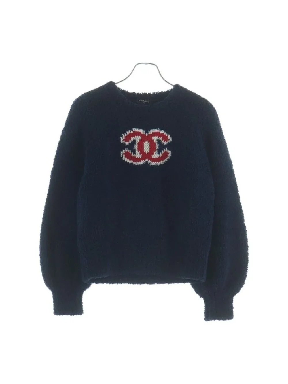 Chanel CC Logo Wool Acrylic Long Sleeve Knit Sweater Cashmere Blend Navy